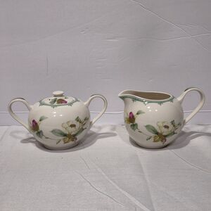 GRACE'S TEAWARE, CREAM & SUGAR BOWL, White With Turquoise and Flowers Pattern
